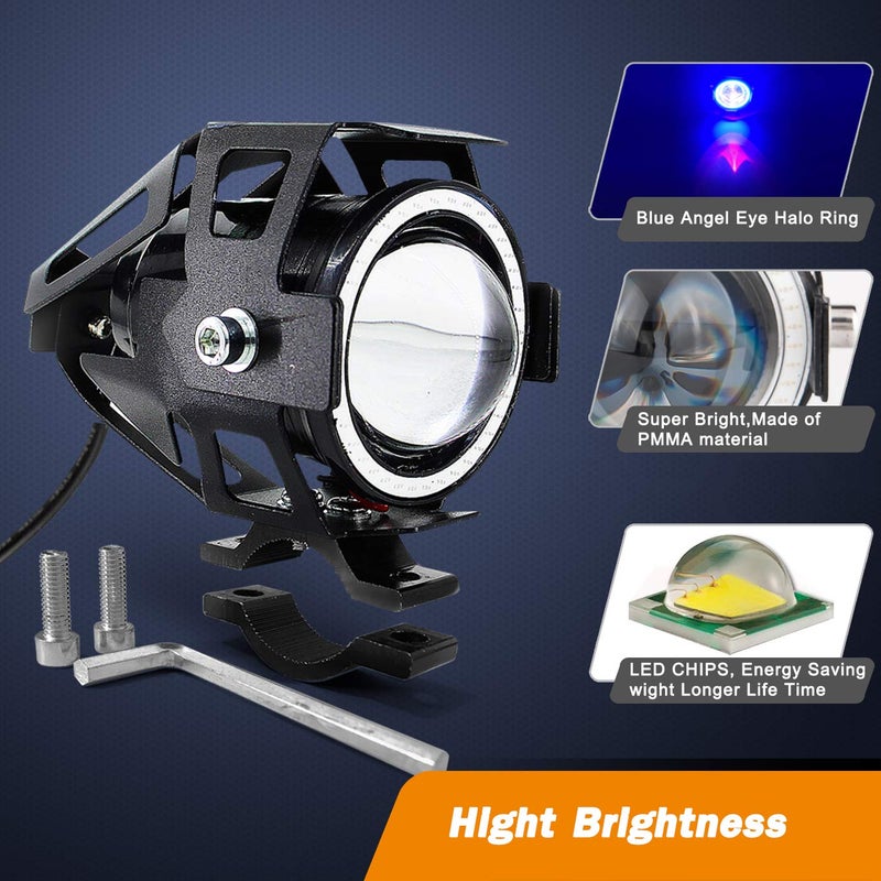 Mosleyz Motorcycle LED Fog Lights U7 Spotlight Daytime Running Lights Bicycle lights with Blue Angel Eyes Halo Ring and Switch 2-Sets - Image 5